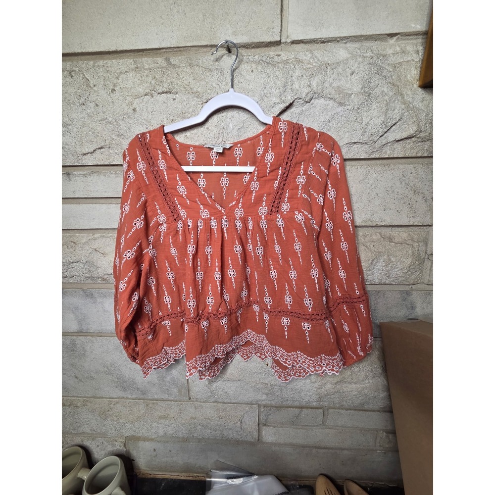 American Eagle Terracotta Orange Embroidered Boho Peasant Blouse Small Lace Trim